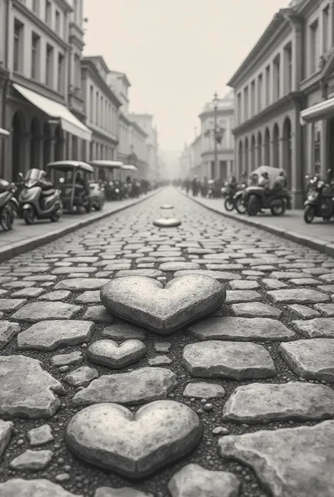 Draw a group of stones on a cobblestone street but a small stone in particular has a heart shape but it's as if it were a broken stone that was left with that shape, The stage a group of stones and among all those is that peculiar stone