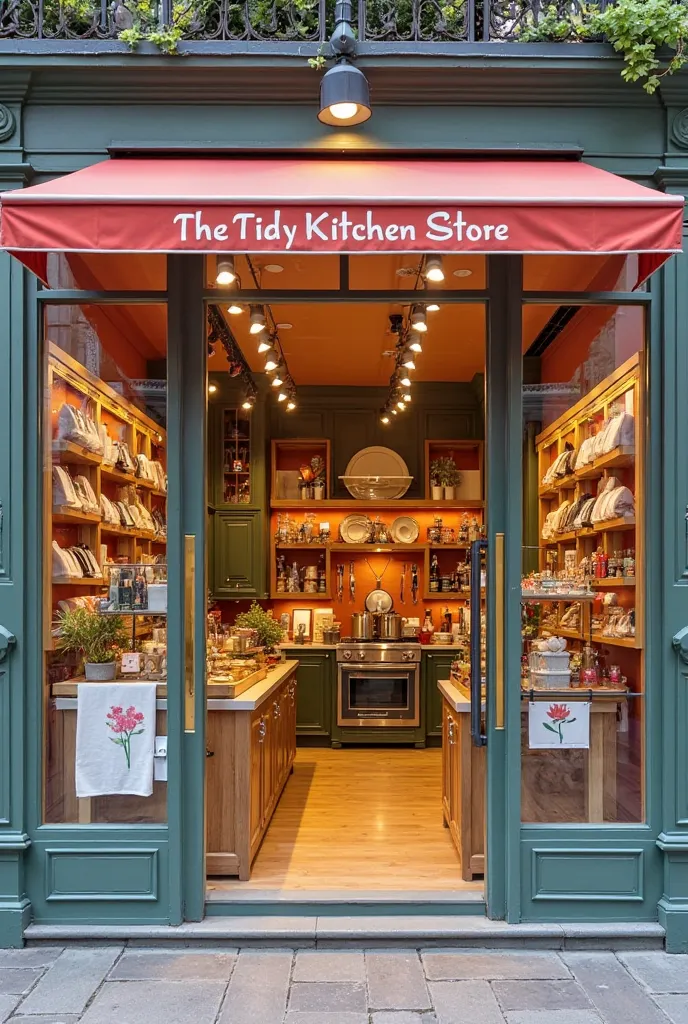 picture of outside whole physical store with glass glass window selling kitchen towels with pockets and other utensils "The Tidy Kitchen Store"