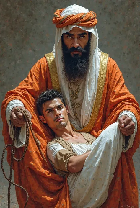 A surreal and humorous illustration in realistic style, showing the soccer player Cristiano Ronaldo lying face down in the lap of a traditionally dressed Arab sheik, wearing a turban and luxurious clothes. The Sheikh is holding a leather whip, about to giv...