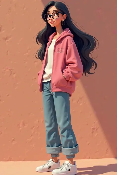 In Pixar style I am a tall thin woman with glasses and long black hair, Wearing a pink jacket, denim pants and white sneakers, I'm a little slouchy and I'm happy for the new opening of my clothing store 