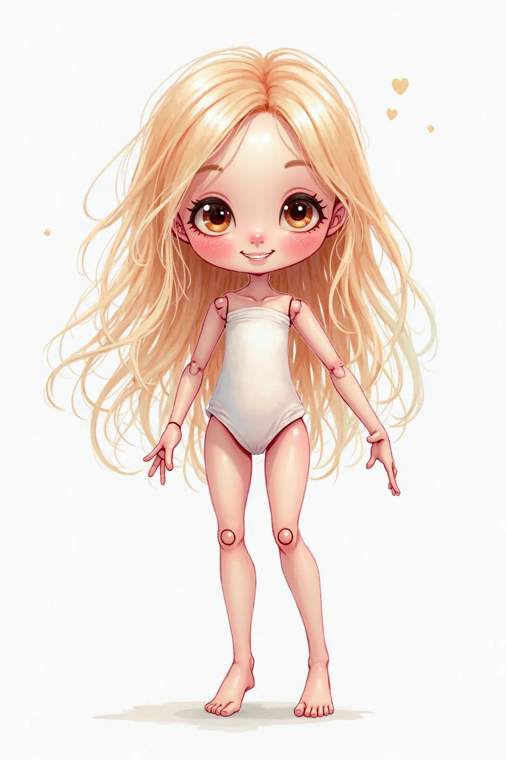 Poupée avec des articulations exagérées,  cute, long hair ,  High Resolution , watercolor cartoon style, fond blanc 
 High Resolution , ,  smile,