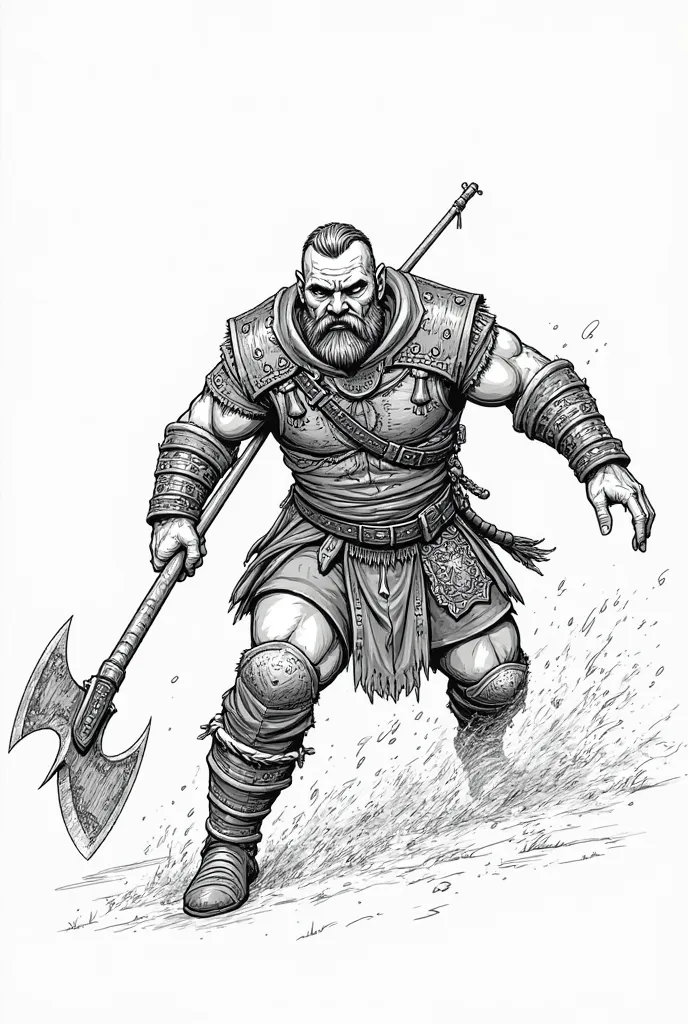 A highly detailed black-and-white line art illustration in a sketch style, designed for a boy coloring book. viking wih armor and axe charge into the battle