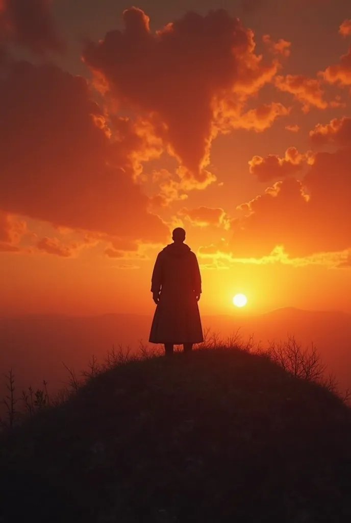 A dramatic sunset scene. The silhouette of Prince Vladimir Monomakh stands on a high hill, gazing into the horizon. The sky glows in shades of red and gold, symbolizing the passing of an era. Cinematic, ultra-detailed, historical accuracy, 8K resolution.