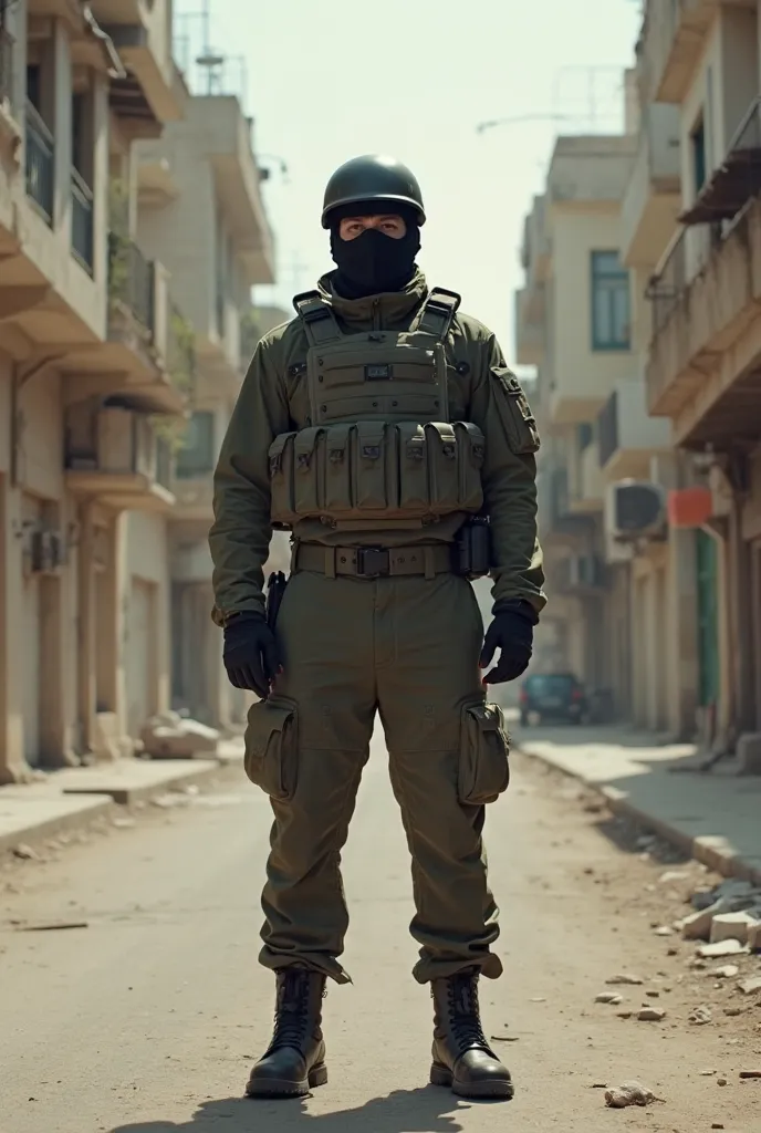 Anonymous masked man, modern combat helmet typical of the Israeli army, modern combat uniform typical of the Israeli army, bulletproof vest typical of the Israeli army, modern combat pants typical of the Israeli army, modern combat boots typical of the Isr...