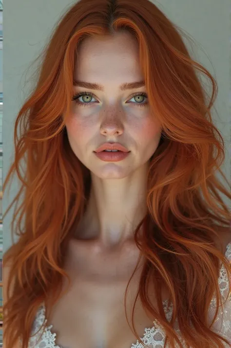 Beautiful white girl with long red hair, thick lips, Chinese eyelashes , honey-colored eyes, full body facing front, very realistic on video 