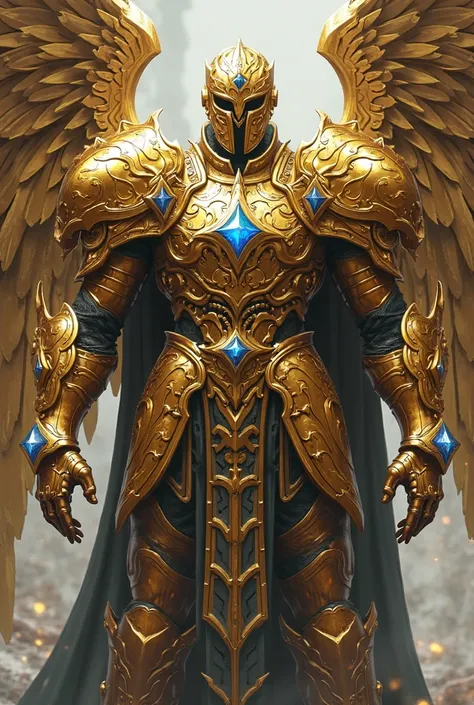 Anime gold armor with blue gems, a helmet that completely covers the face of the wearer with golden metallic wings on the back, style 