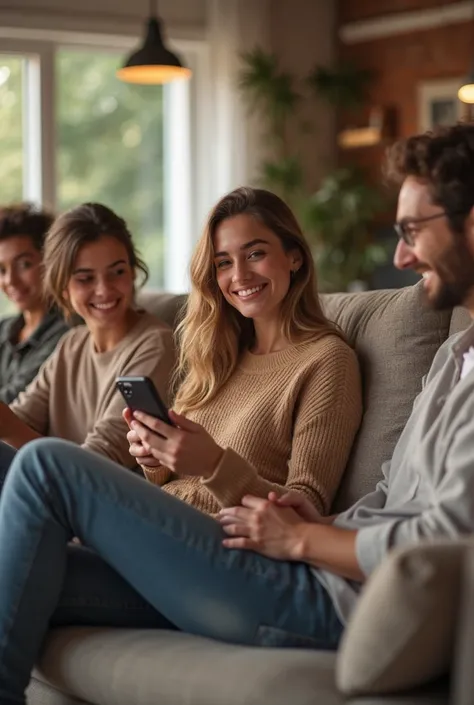 "A realistic young woman sitting on a cozy sofa, holding a smartphone in her hand, appearing engaged in a chat conversation while giving a subtle smile. She is surrounded by three friends who are also sitting comfortably, engaged in their own conversations...