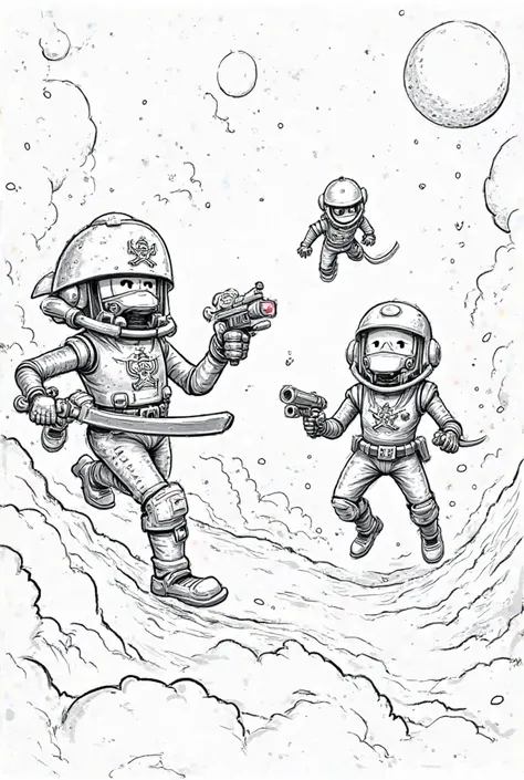 A highly detailed black-and-white line art illustration in a sketch style, designed for a boy coloring book  Intergalactic Space Pirates – A crew of space pirates battling a robotic police force in the galaxy.
