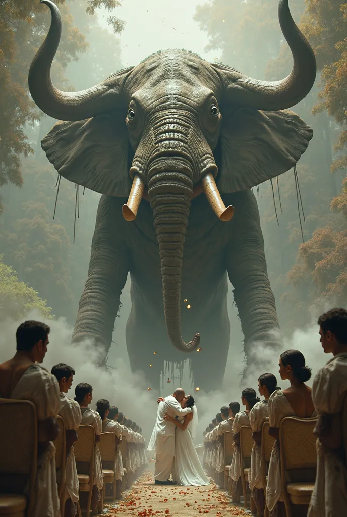 a wedding, whose fiancé is being abducted by an Alien who has the face of an ox, The body of a muscular elephant and the tail of a lion, in a nine that looks like a giant milk pack 