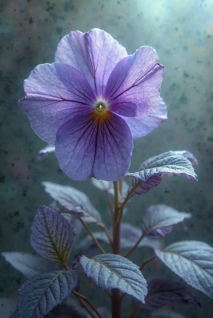 Draw me a violet so that some of the leaves of this violet are colorless, just like the colors of the old telvisions, and in the background there is a slight discoloration