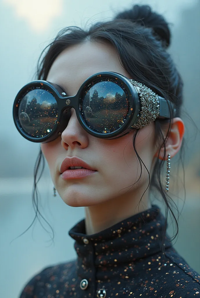 The model is wearing glass sunglasses with stars and the moon on the glass