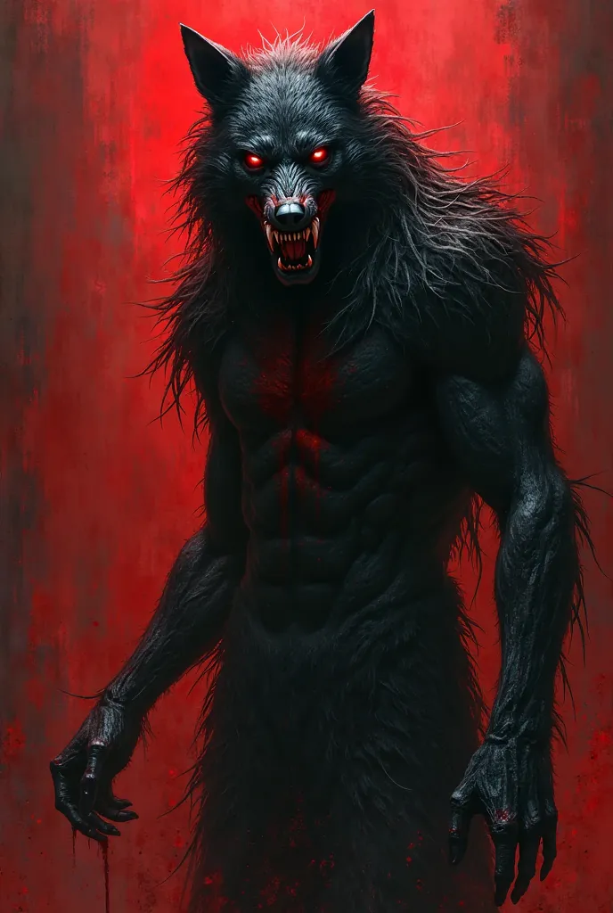 Make the image of the Wolf of Death (wolf in human body)  Black and white (with mask and red eyes) with blood-red background (with blood in the mouth and hands)