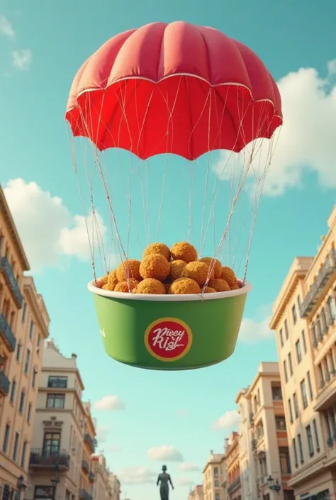 A large, round, green and red food container filled with a dish of falafel, held aloft by a red parachute. The parachute is open and hovering over a city street scene. The food container is the central focus of the image, situated in the mid-ground and sli...