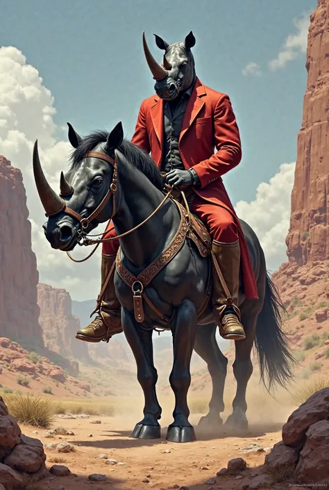 generate an image of a muscular black rhinoceros in a dark red suit atop a muscular black horse in the western west