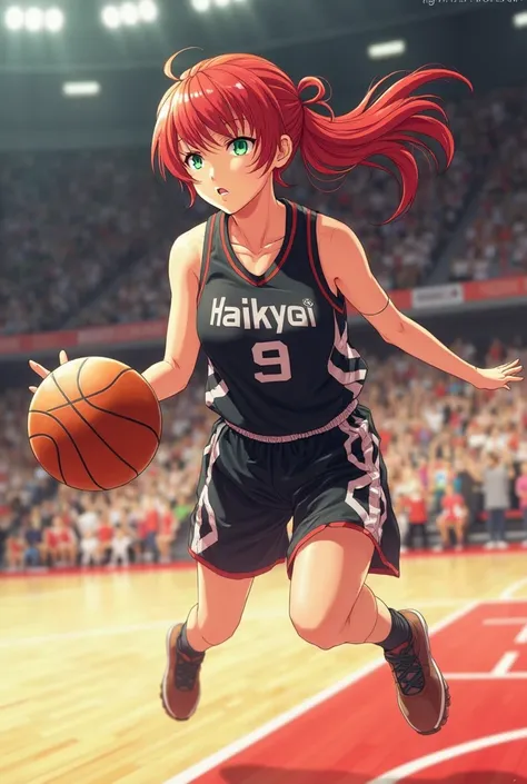 Create a female character with the animation of the haikyuu anime, Let him play basketball, his hair is red and his eyes green, That your basketball uniform is black and white and has the number 9