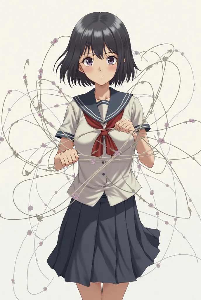 A schoolgirl bound by a string on the hands and feet of Anime