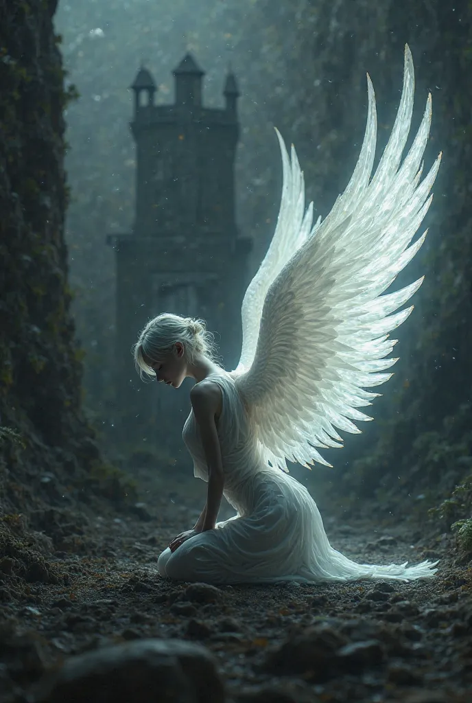 Kneeling backwards character with white wings illuminated on a black background and a ruined castle 