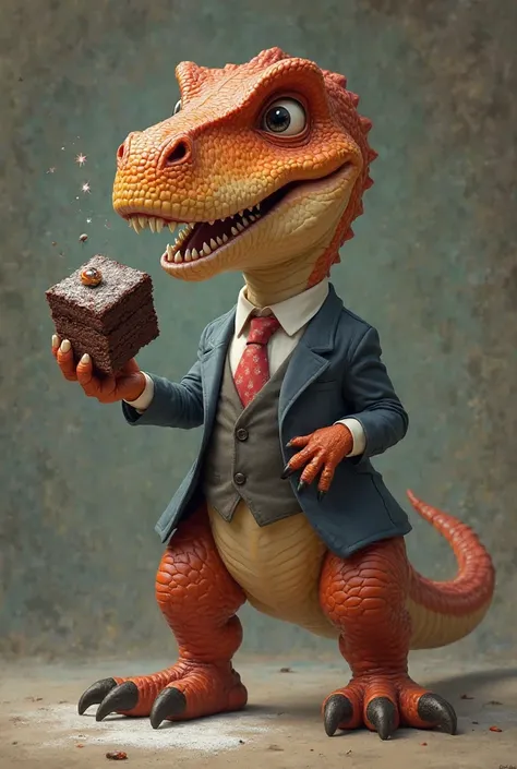 Create for me an image of a dinosaur jumping pounger while eating a delicious brownie, The dinosaur must be wearing a suit and smiling forward, With one hand you must be giving a jewel.