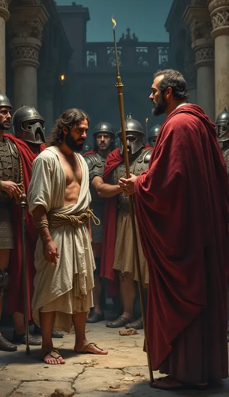 Jesus tied with ropes on his sides are some Roman soldiers, And Pilate speaking to him to sentence him at night  