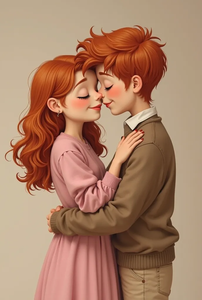   old girl, white, redhead, with wavy hair up to his back, fine features,  slapped nose, and wearing a pastel pink dress, loose, that reaches his thighs. And an 18-year-old boy, redhead, wavy hair that reaches her forehead, green eyes, fine features,  slap...