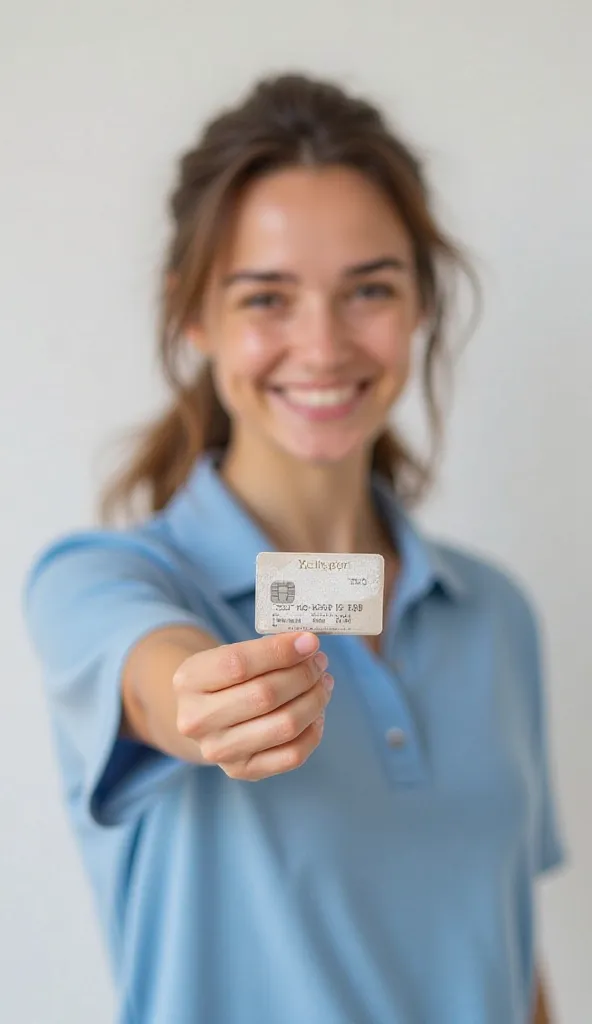 20-year-old woman, brown hair tied in a tail, wearing blue polo , with his backpack. smiling with a credit card on his fingers, showing her cheerfully.    high quality detail  . white background