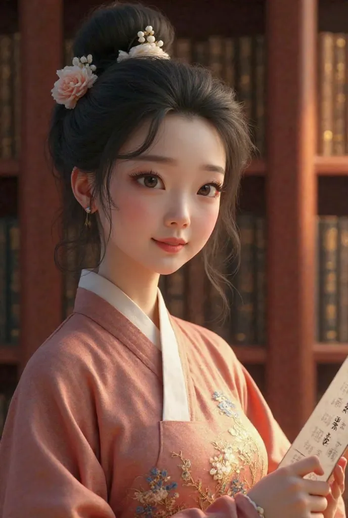 /imagine prompt: A 28-year-old Chinese woman with glowing complexion, round face framed by wavy black hair secured with white jade hairpin, wearing hanfu-style dress in dusty rose color with peony embroidery, standing before a mahogany bookshelf filled wit...