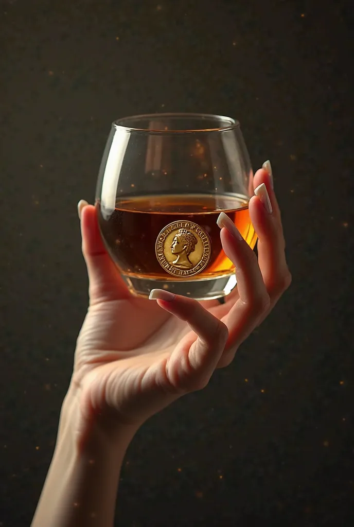 Hand of a delicate woman holding a whiskey glass that contains whiskey inside and has a Victoria medal inside