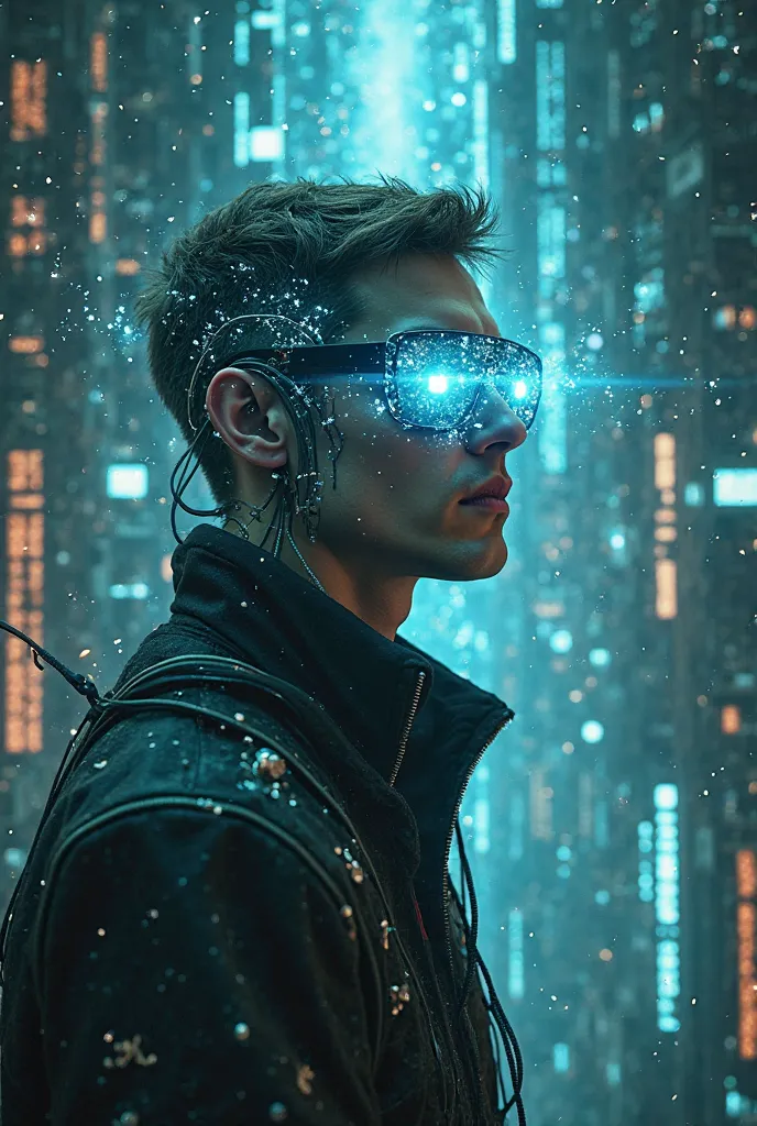 cyberpunk man in holographic glasses with glowing eyes, matrix, cyborgs, fantasy, future, mysticism