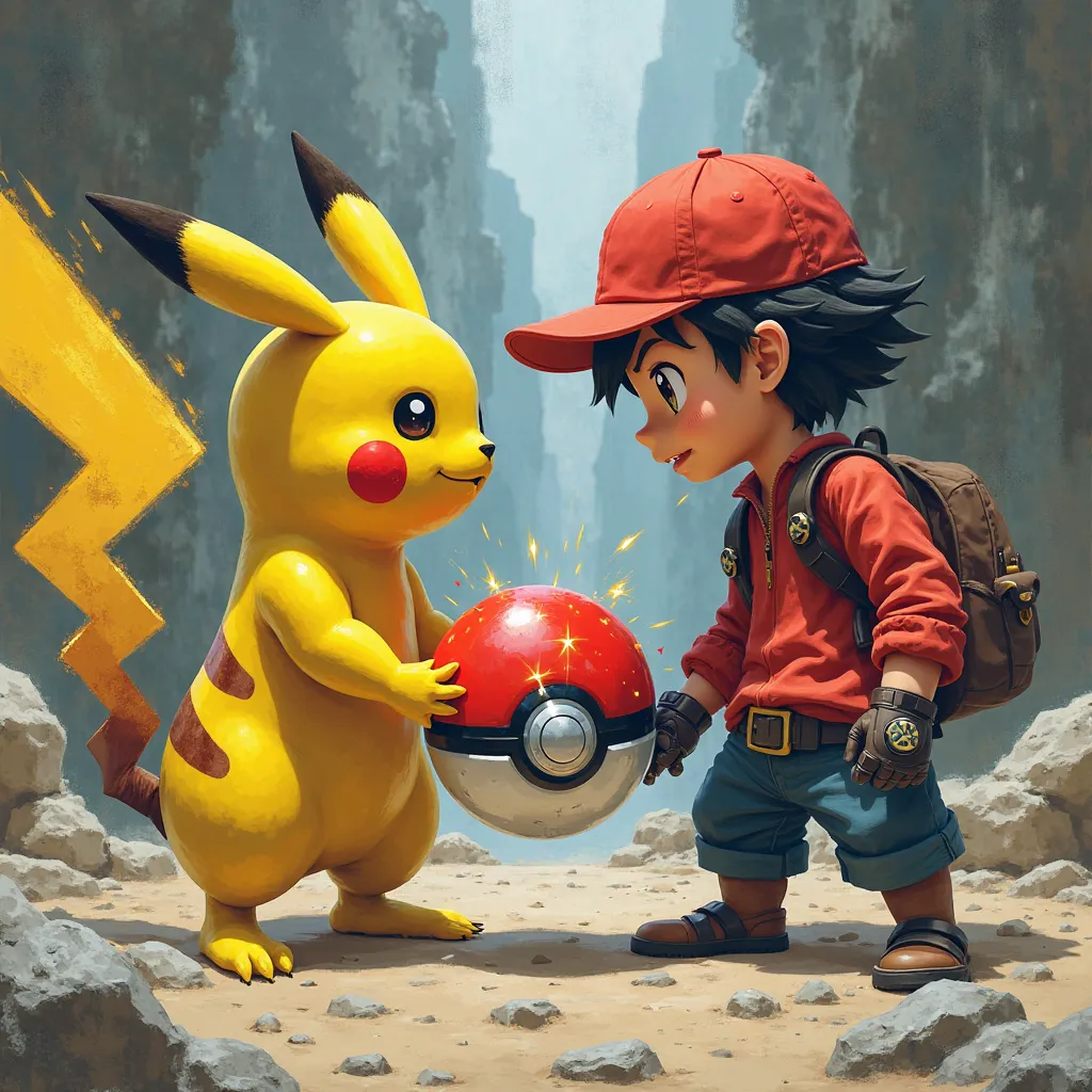 Pokemon  pikachu  and red face to face carving robotic poke ball