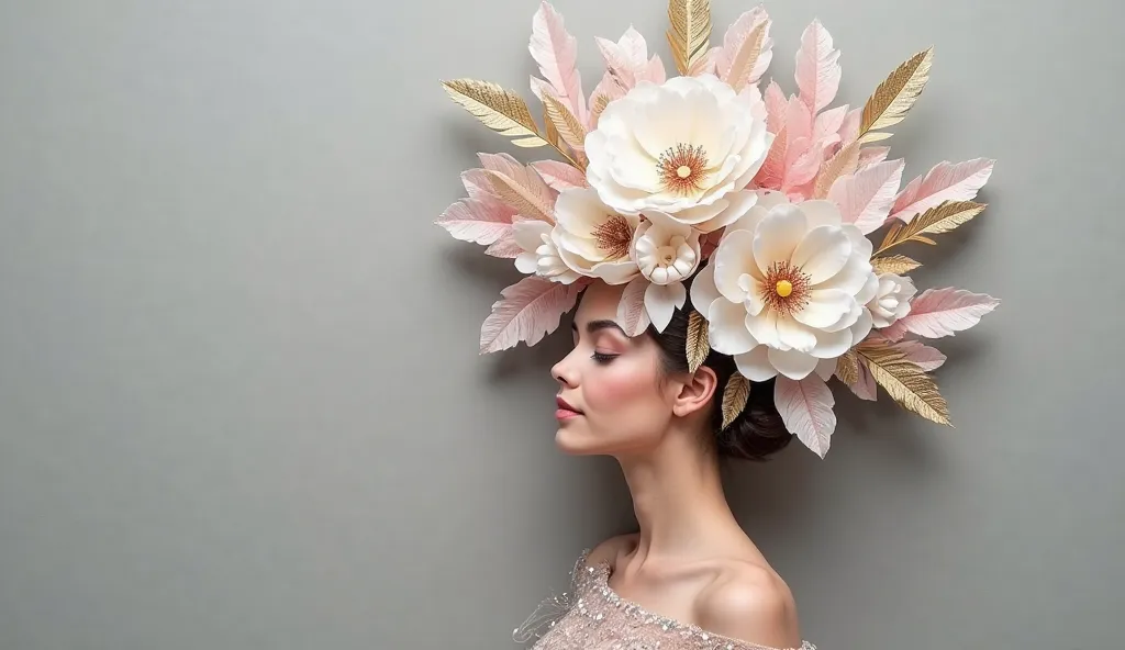 The image is a digital artwork made of paper, cardboard, and plastic with clear tape, which appears to be a portrait of the head and upper body of a woman. The woman is wearing a large feathered headband made up of many large white flowers and leaves. The ...