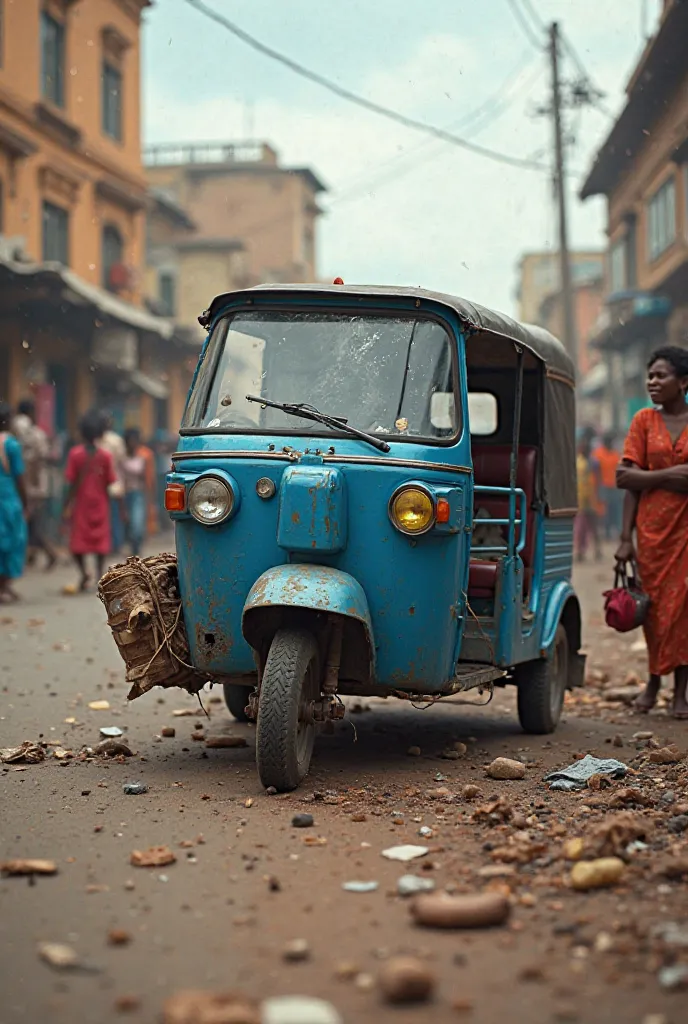 A blue three wheel bajaj accident in Ethiopia Arba minch