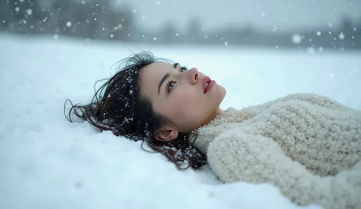 30-year-old dark-haired woman lying in the snow frozen real photo