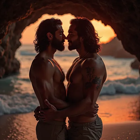 Two handsome men with beards, The two men look at each other with a lot of lust with their eyes closed , her sensually shaped body , inside a cave on the beach with the waves of the sea with orange and red light are visible,  with two tall men , two romant...