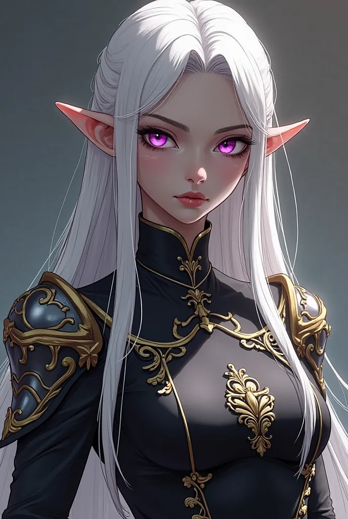 A 25-year-old elf with skin as black as the darkest night and striking purple eyes. She wears an elegant black outfit with refined golden details, resembling a high-ranking uniform or the attire of a noble family. Her outfit includes metal pauldrons that e...