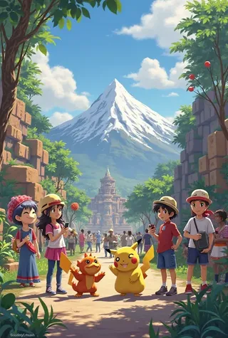 Ash, Misty, Brock, and their Pokémon companions
