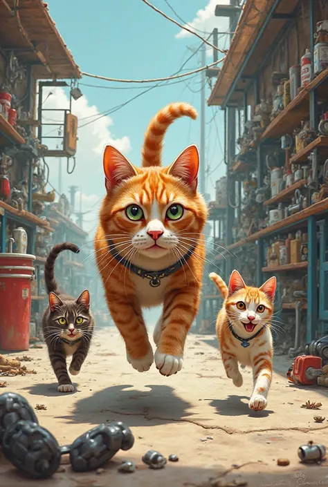 Brown-haired cat skating through an auto repair shop. In the image there must also be two small cats and a female dog. Do the drawing with a lot of movement