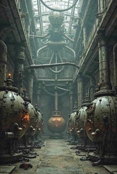 A large room with large strange appliances connected to pipes