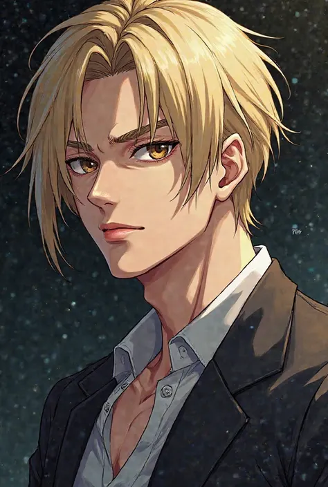 Create me an anime man, blond hair, pale skin and brown eyes shooting him at the black 