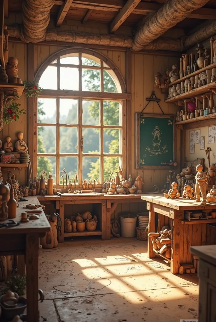 Grandpa Geppetto's carpentry shop with a wide view and a view from below, without Geppetto, with a small table and a blackboard in the background