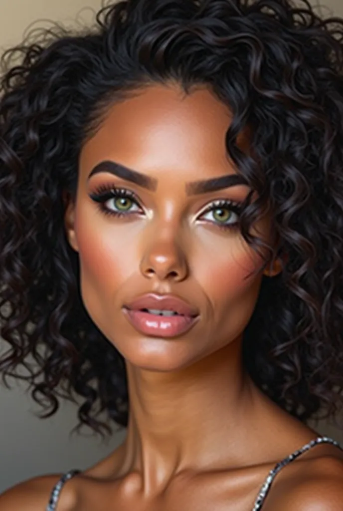 "Create a highly detailed and realistic portrait of a beauty and makeup expert. She has voluminous, curly black hair that frames her heart-shaped face. Her striking green eyes are expressive and framed by long, dark lashes. Her fair skin has a flawless, ra...