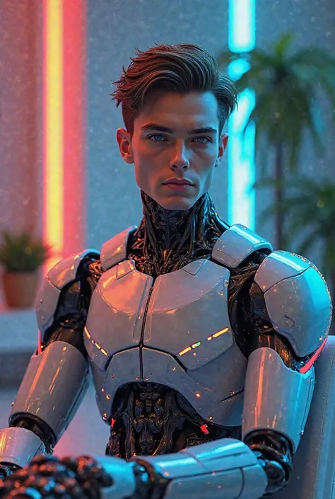 Create a highly detailed, realistic male humanoid robot with a sleek and futuristic design, appearing 30-35 years old. The robot should have expressive eyes and natural facial features, giving a friendly yet intelligent look. Its metallic skin should have ...