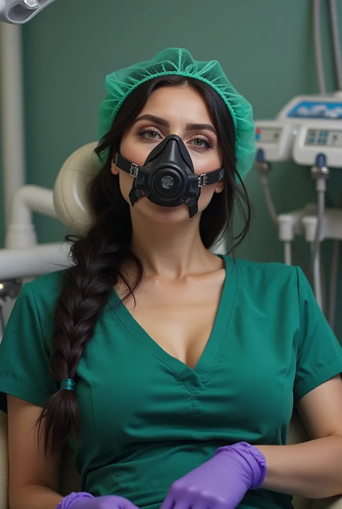 a sensual sexy female jewish sedation dentist wearing tight fitting green scrubs, that highlights accentuates her large breasts  tight purple nitrile gloves, and a green medical hairnet? She is lying elegantly on a dental chair Her black eyes sparkle with ...