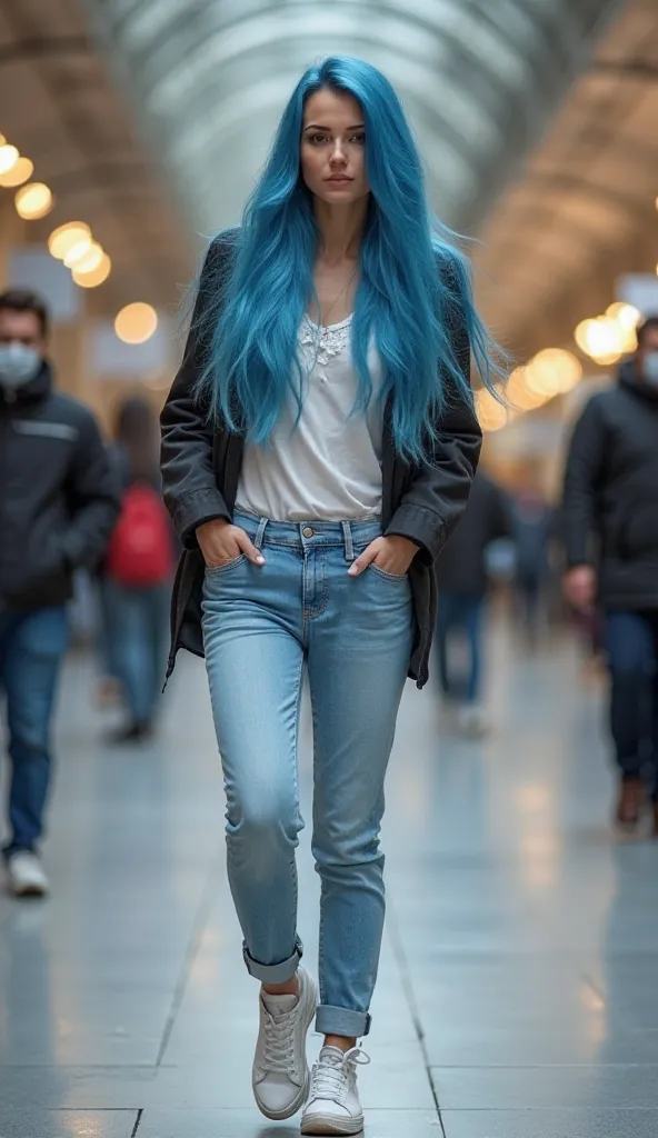 Beautiful long blue haired woman suddenly loses bladder control in her light blue jeans while crossing her legs and  becoming embarrassed while in public, embarrassing, peeing her pants, frontal view, full body view, peed pants 