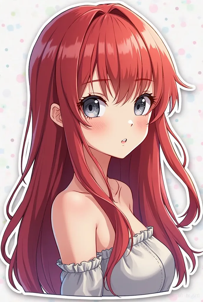 Create stickers in the shape of an anime girl with long red hair and grey eyes