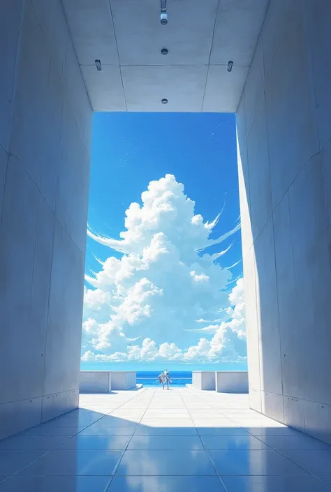 Now create a corridor with a view to the front, 3 clouds, one for arts and beauty, another for sports and one for occultism, without people, anime style. 