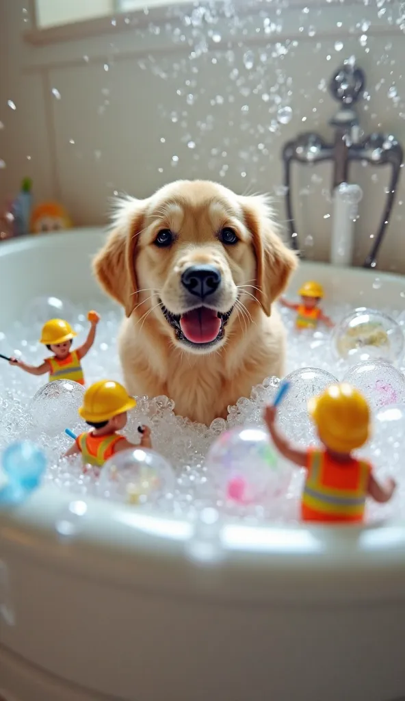 In the bubble bath, one golden retriever , puppy, smiling , the bubbles shows color, pink, blue, golden, yellow. Around the edge of butch tub, there are tiny people who are wearing construction cloth with helmet, holding deck brush, soap bottles, tooth bru...