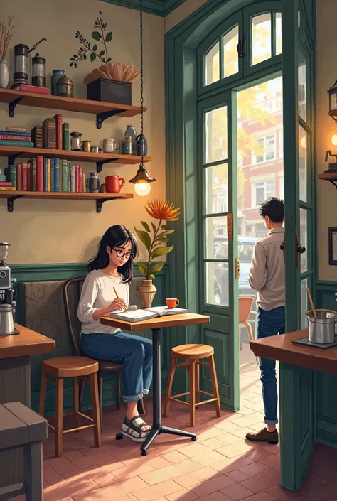 a cozy cafe . Sofia, an illustrator, sitting with her sketchbook. Enter Daniel, a writer who always comes to the same place.