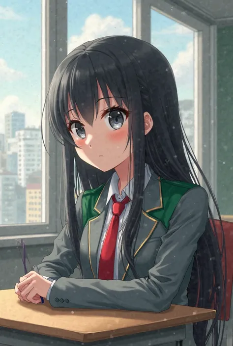 A girl with almost black straight and long hair, gray eyes and expression would be, with a gray bleiser with green shoulder pads and red tie. sitting at her desk looking out the window, She is in the classroom