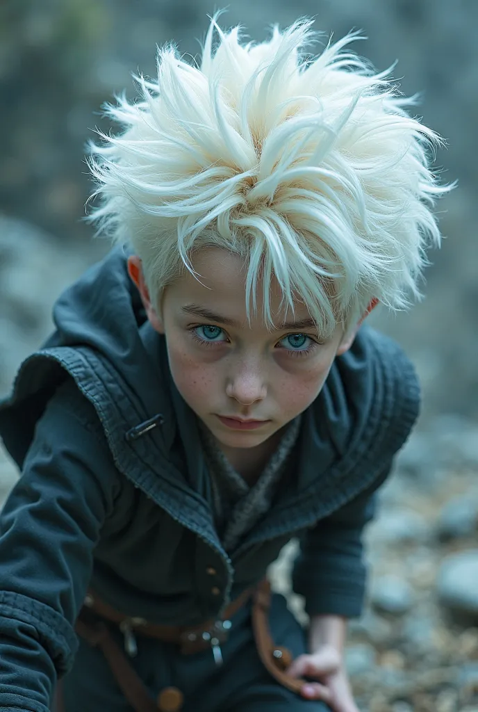 stunning boy, white hair, big and spiky,  pale skin , blue eyes, No expressions, 8k photo, in action,  cinematic.