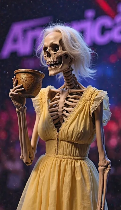  On stage at America's Got Talent , A very skeletal old woman in a pastel yellow summer dress is holding a witch's serving cup in her hand. I want a very realistic and good quality image with the name of America's Got Talent in the background as if it were...